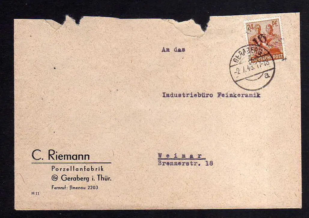 h495 Brief Handstempel Bezirk 16 Geraberg 24 Pfg. 2.7.48 Porzellanfabrik Riemann