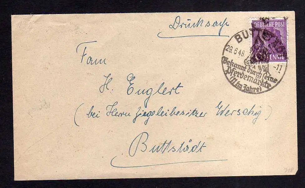 h457 Brief Handstempel Bezirk 16 Buttstädt 29.6.48 Drucksache gepr. BPP