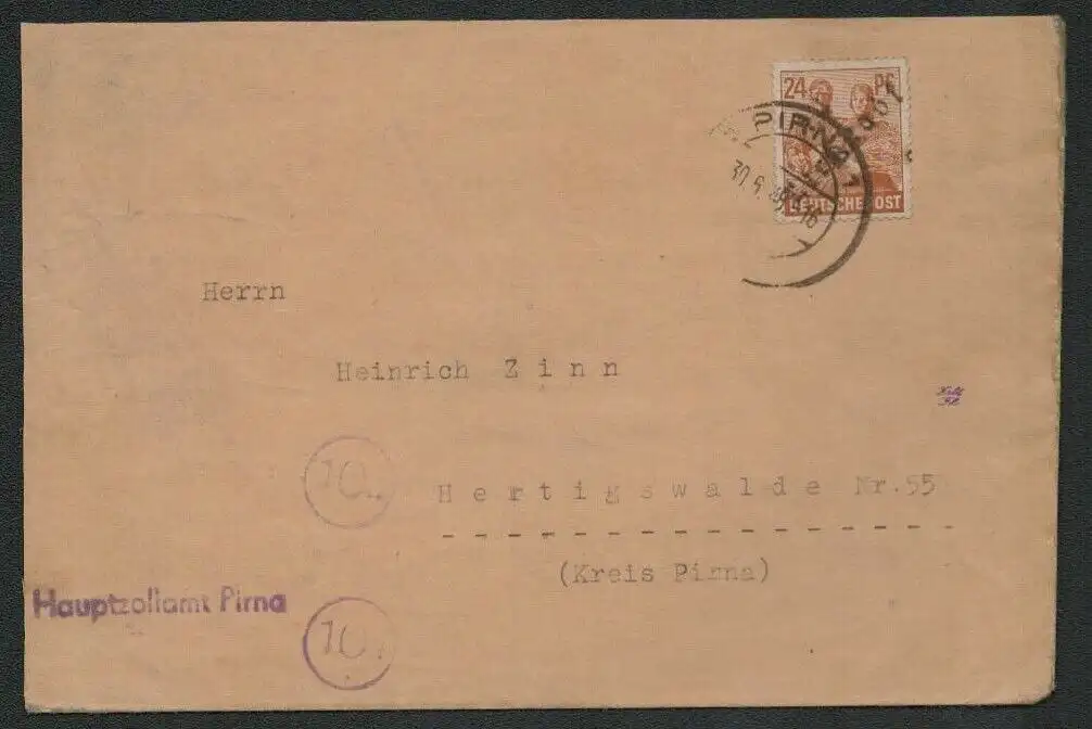 h5279 SBZ Handstempel Bezirk 14 Brief Liebstadt Hauptzollamt Pirna