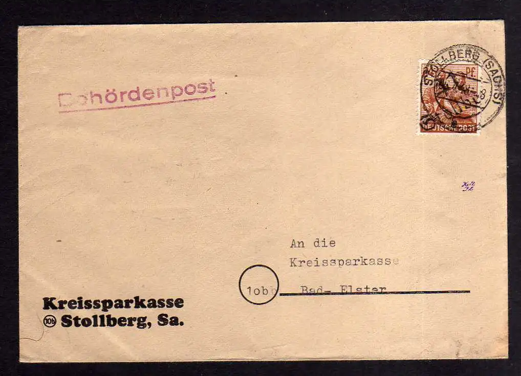 h428 Brief Handstempel Bezirk 41 Stollberg 5.7.48 Kreissparkasse Bad Elster