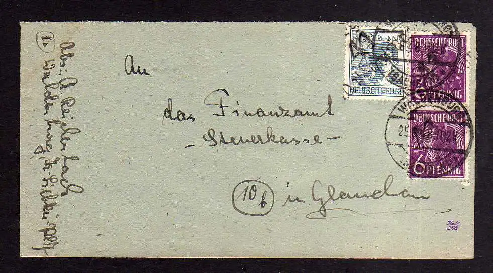 h431 Brief Handstempel Bezirk 41 Waldenburg 25.6.48 an Finanzamt Steuerkasse Gla