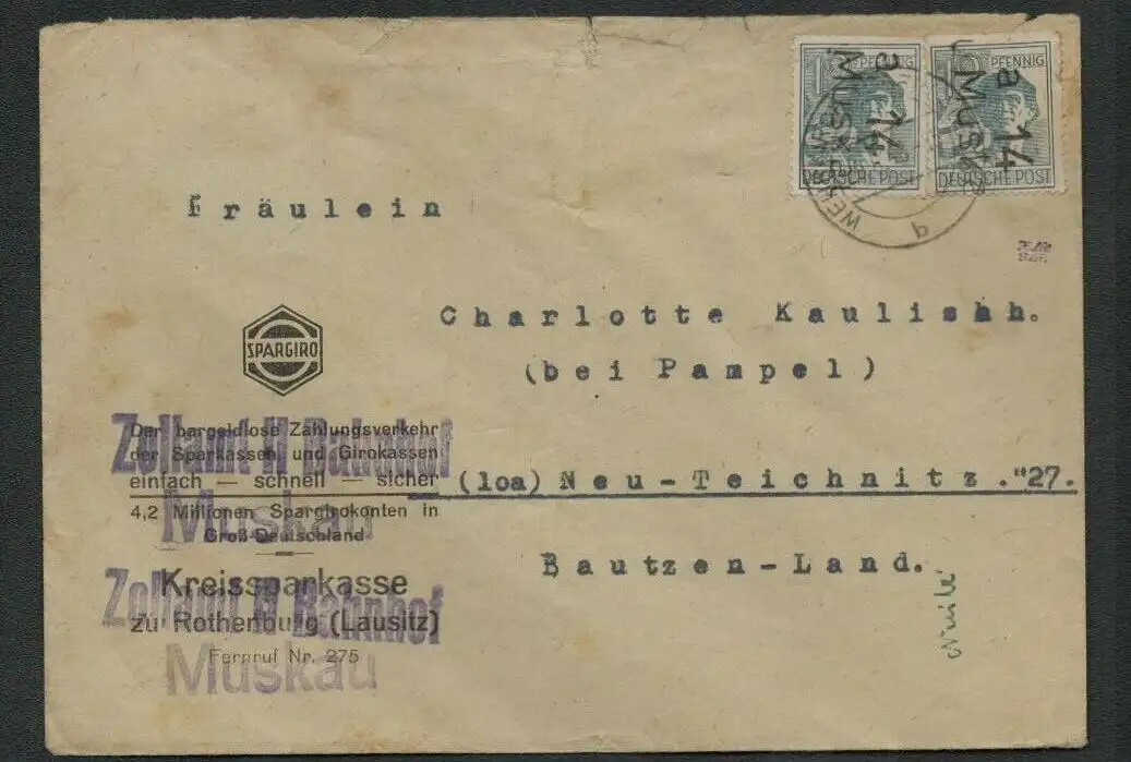 h5238 SBZ Handstempel Bezirk 14 Brief Zollamt Bahnhof Muskau 29.6.48 nach Neu