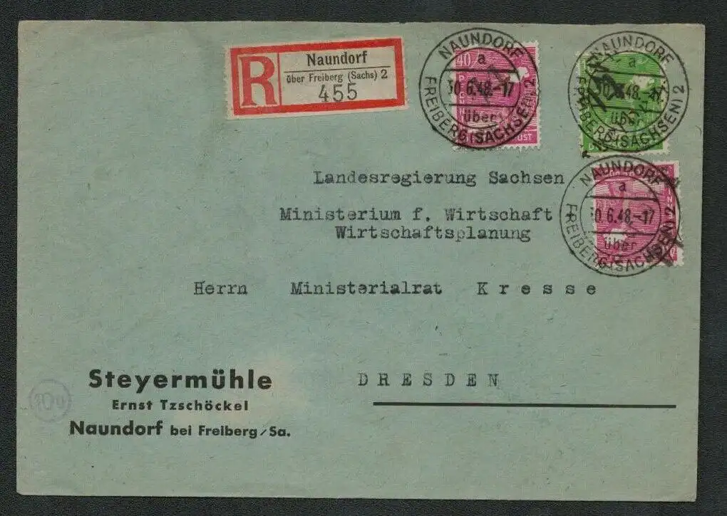 h5180 SBZ Handstempel Bezirk 14 R-Brief Kresse Naundorf über Freiberg Poststelle