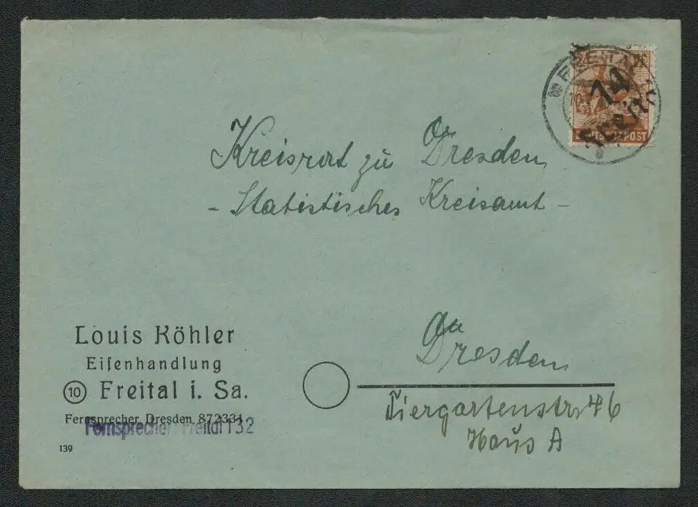 h5186 SBZ Handstempel Bezirk 14 Brief Freital Eisenhandlung Köhler nach Dresden