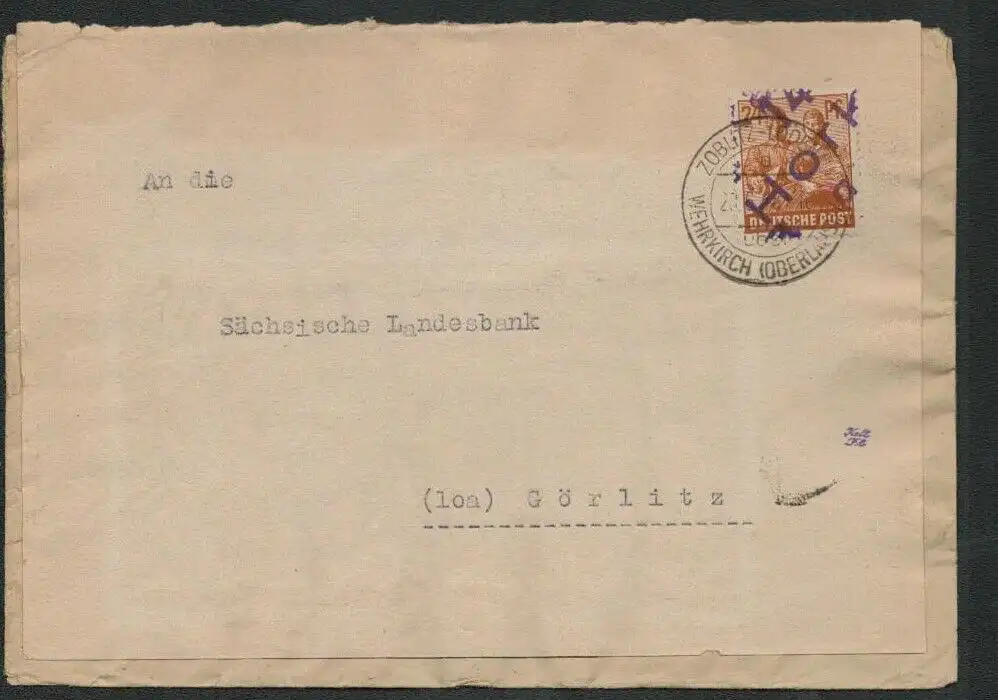 h5239 SBZ Handstempel Bezirk 14 Brief Horka Zoblitz-Lodenau über Wehrkirch nach