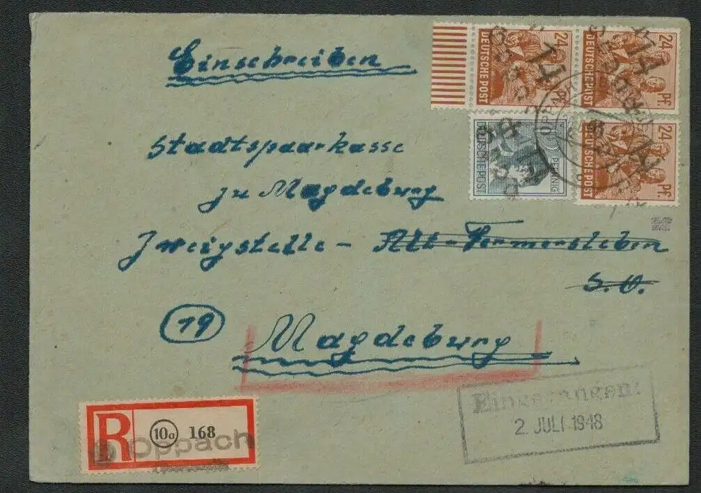 h5262 SBZ Handstempel Bezirk 14 R-Brief Einschreiben Oppach nach Magdeburg