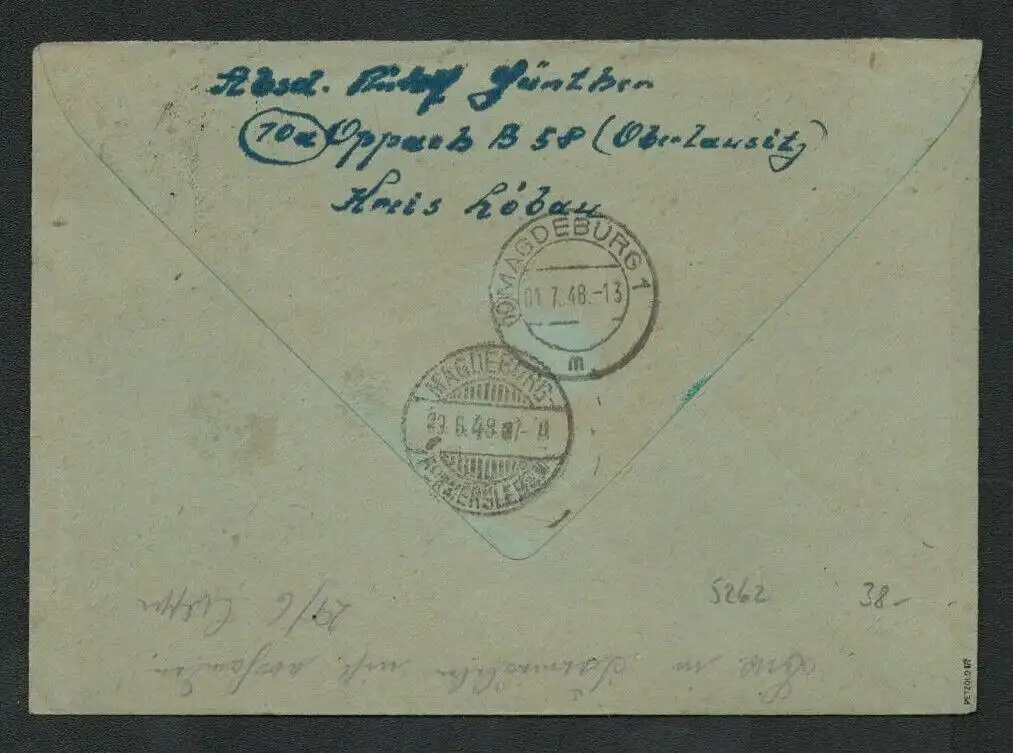 h5262 SBZ Handstempel Bezirk 14 R-Brief Einschreiben Oppach nach Magdeburg