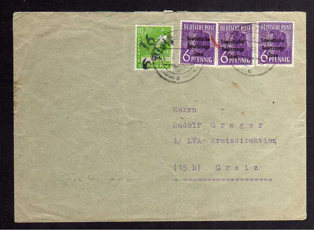 h2802 Handstempel Bezirk 16 Schleiz violett 10 Pfennig Brief gepr. BPP Bedarf na