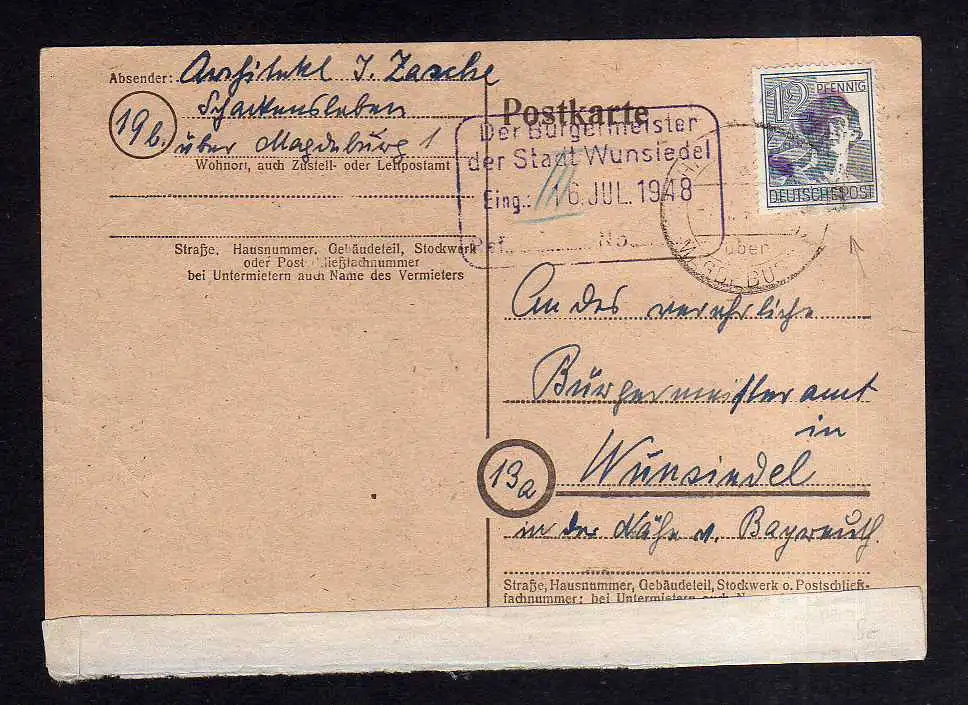 h1855 Handstempel Bezirk 20 Magdeburg Postkarte Bedarf 7.7.48 an Bürgermeisteram