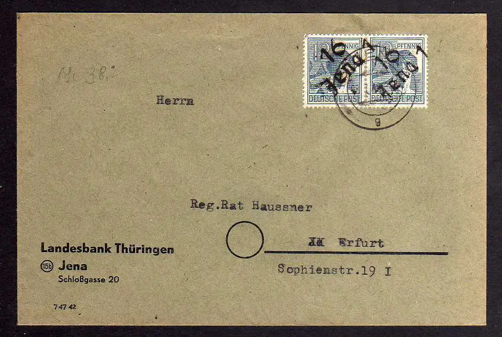 h2240 Währungsreform Handstempel Brief Bezirk 16 Jena 1 2x12 Pfg. 08.7.48
