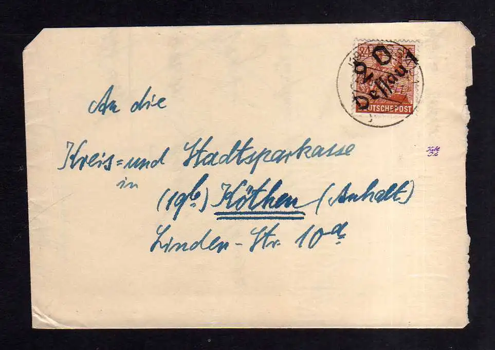 h1819 Handstempel Bezirk 20 Dessau 28.6.48 nach Köthen Brief Notumschlag aus alt