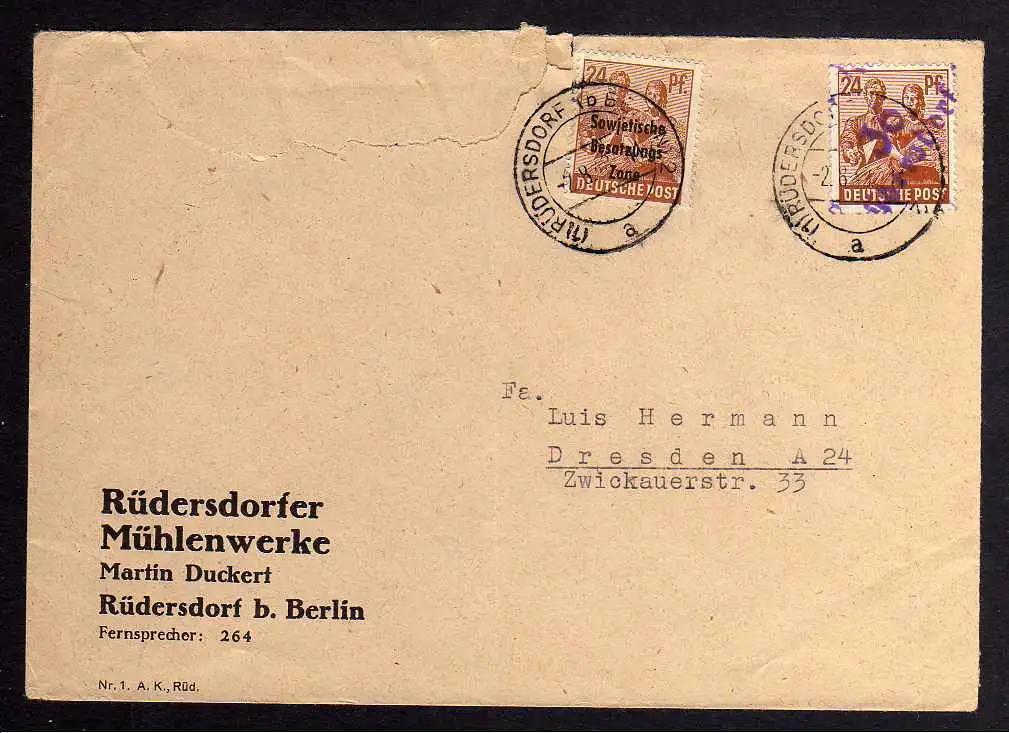 h2277 Handstempel Bezirk 36 Rüdersdorf Brief 2.8.48 - Marke ungültig 24 SBZ Masc