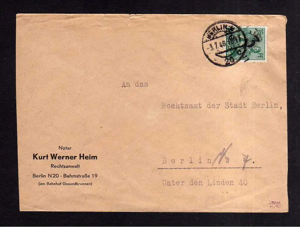 h1907 Handstempel Bezirk 3 Berlin 32 16 Pfg. 3.7.49 REchtsanwalt an Rechtsamt de
