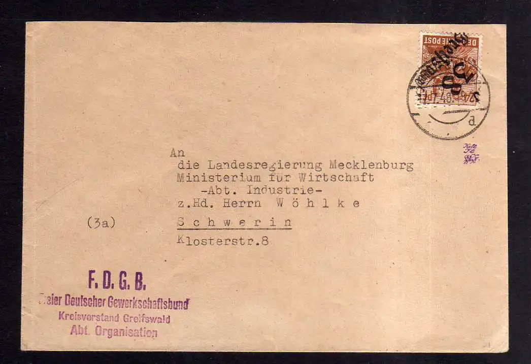 h1813 Handstempel Bezirk 38 Greifswald 9.7.48 Brief geprüft Lieder BPP FDGB an L