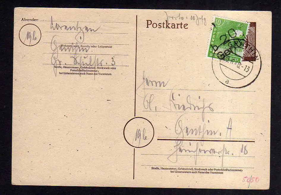 h1826 Handstempel Bezirk 20 Genthin Postkarte 25.6.48 Ortskarte gepr. Dr. Modry