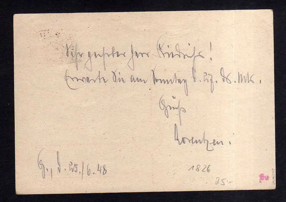 h1826 Handstempel Bezirk 20 Genthin Postkarte 25.6.48 Ortskarte gepr. Dr. Modry