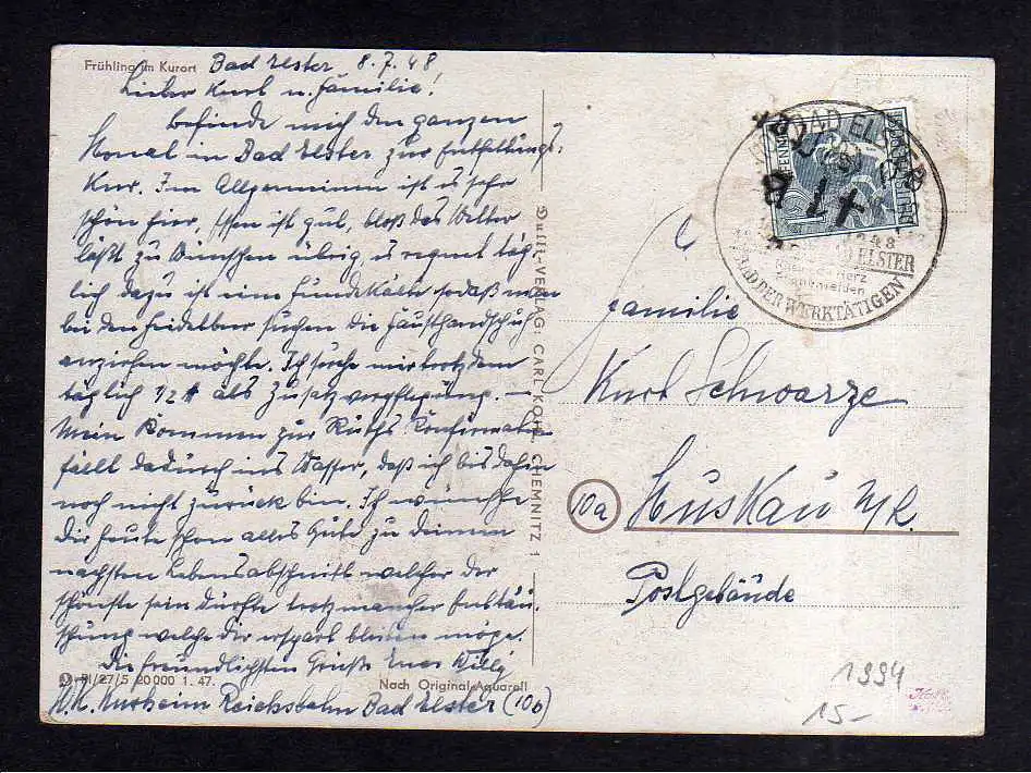 h1994 Handstempel Bezirk 41 Bad Elster 9.7.48 Postkarte Frühling im Kurort