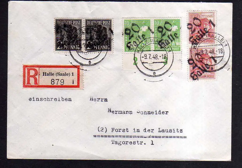h1842 Handstempel Bezirk 20 Halle Brief Einschreiben 9.7.48 nach Forst Lausitz
