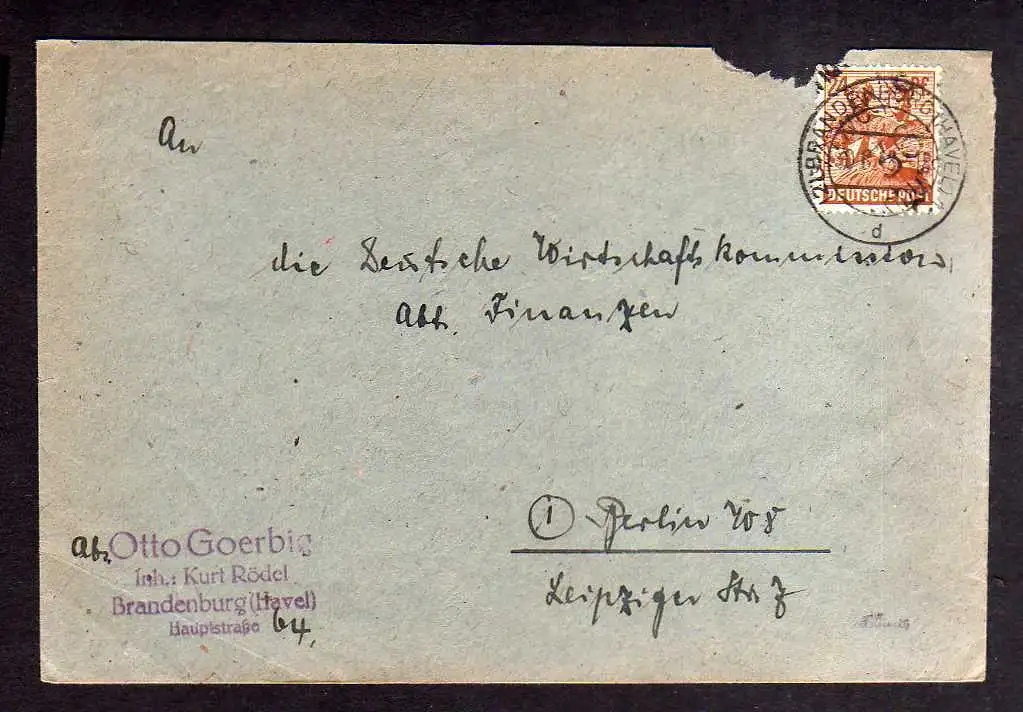 h205 Brief Handstempel Bezirk 36 Brandenburg Havel 30.6.48 an Wirtschaftskommisi