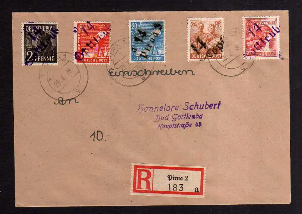 h1171 Brief Handstempel Bezirk 14 Gottleuba 29.6.48 Pirna Copitz Einschreiben 18