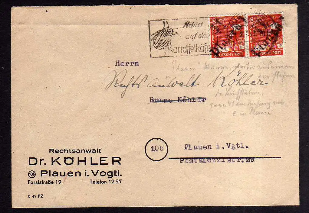 h1305 Brief Handstempel Bezirk 41 Pauen 2.7.48  Pfennig Ortsbrief Rechtsanwalt