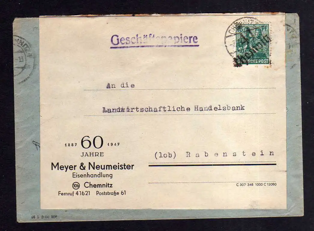 h1283 Brief Handstempel Bezirk 41 Chemnitz 7.7.48 Notumschlag Eisenhandlung Meye