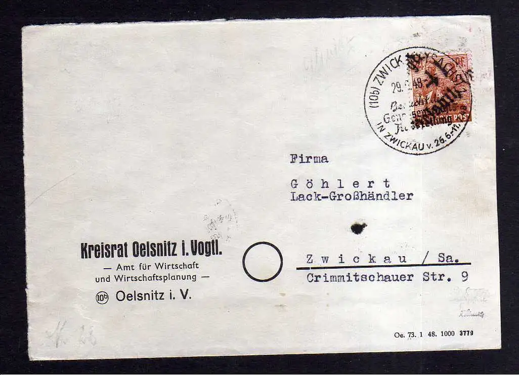 h1322 Brief Handstempel Bezirk 41 Oelsnitz 29.6.48 Kreisrat  SST Genossenschafts