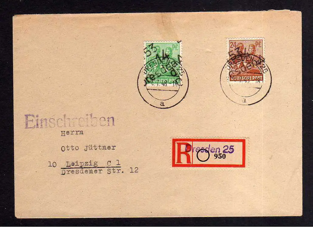 h1162 Brief Handstempel Bezirk 14 Dresden 24 84 Pfg 6.7.48 Einschreiben nach Lei