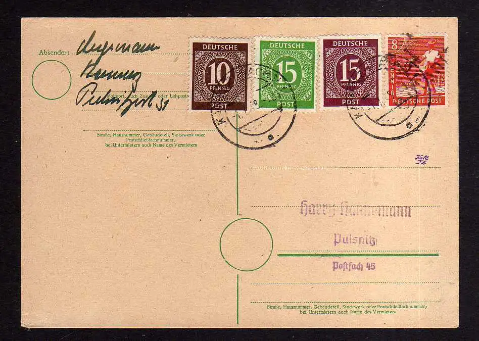 h1189 Postkarte Handstempel Bezirk 14 Pulsnitz 1.7.48