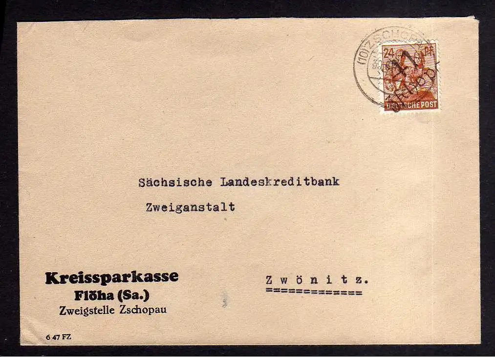 h1315 Brief Handstempel Bezirk 41 Zschopau 30.6.48 Kreissparkasse Flöha