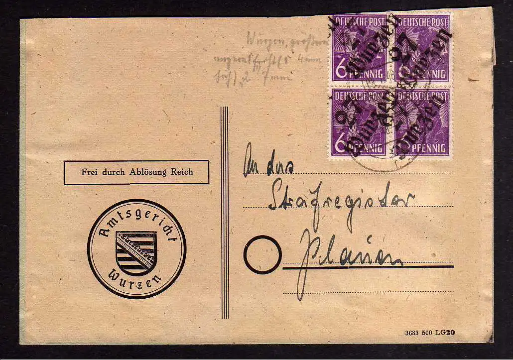 h1261 Brief Handstempel Bezirk 27 Waldheim 1.7.48 Amtsgericht Notumschlag