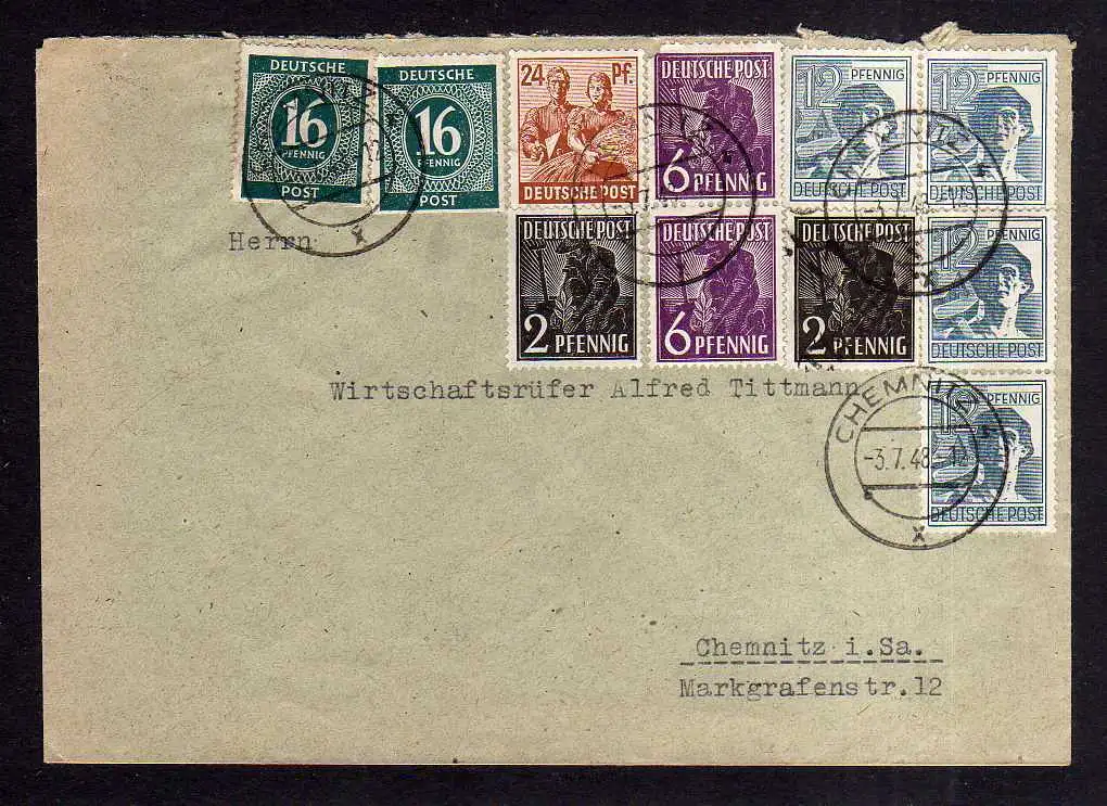 h1289 Brief Handstempel Bezirk 41 Chemnitz 3.7.48 + Zehnfach Zi. 16 aus MH unten