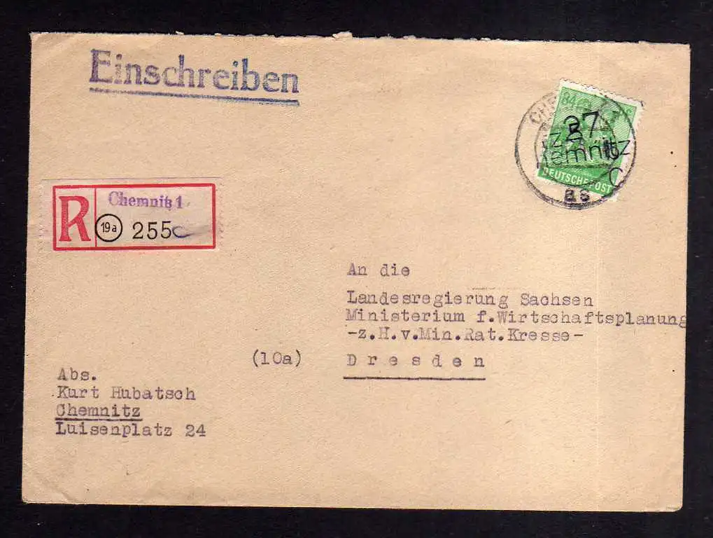 h1363 Brief Handstempel Bezirk 27 Chemnitz 5 30.6.48 84 Pfennig Einschreiben Lan