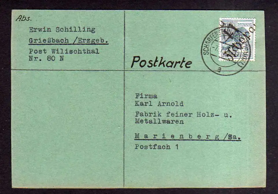 h1317 Postkarte Handstempel Bezirk 41 Zschopau 7.7.48 Scharfenstein