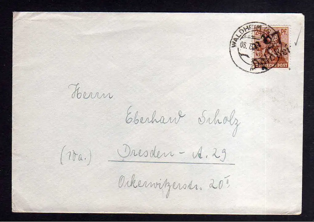 h1351 Brief Handstempel Bezirk 27 Waldheim 6.7.48 nach Dresden