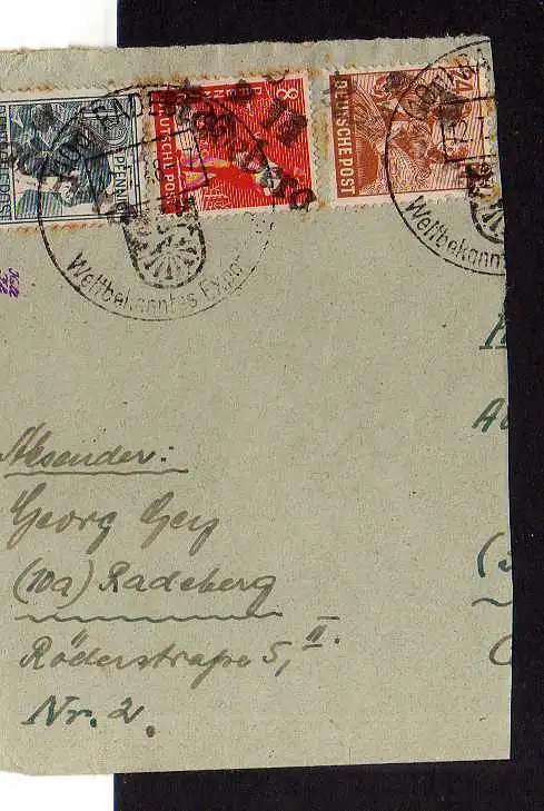 h1190 Briefstück Handstempel Bezirk 14 Radeberg 12.7.48