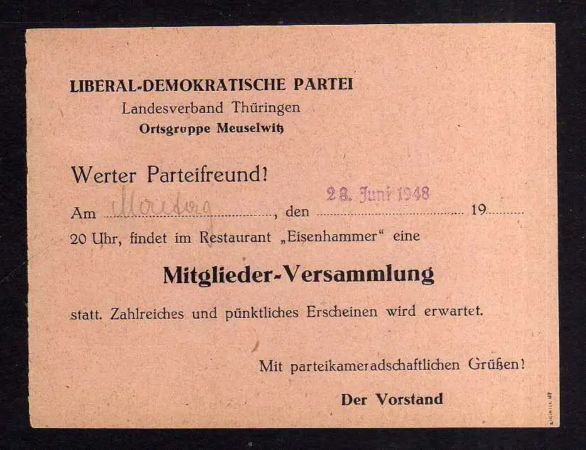 h1640 Handstempel Bezirk 16 Meuselwitz 96e geprüft v. Heintze BPP Drucksache LDP