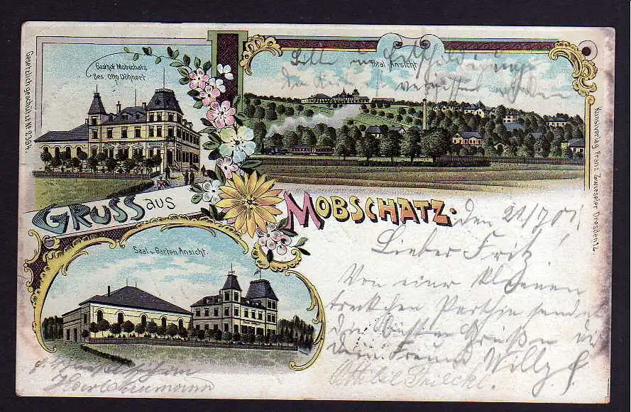 79825 AK Mobschatz Dresden Litho 1901 Gasthof Otto Döhnert Saal und Garten