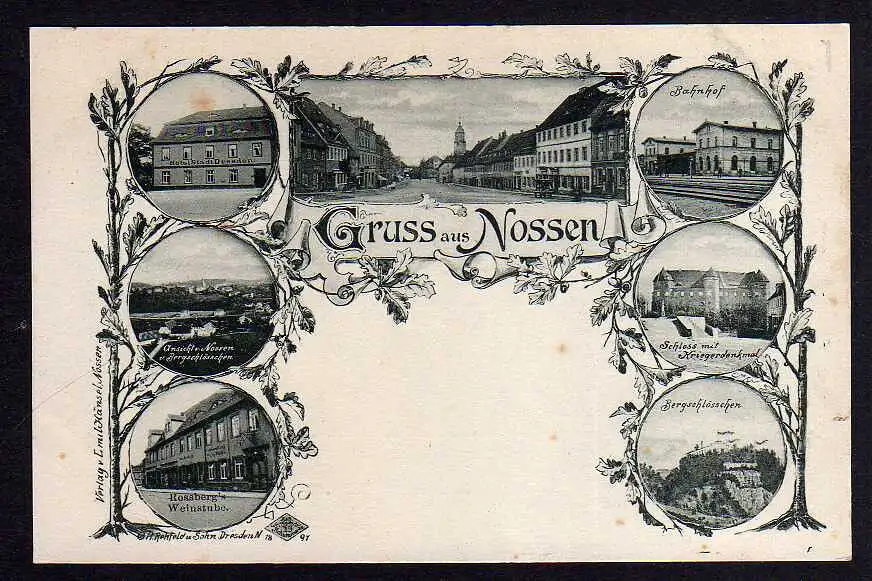 86297 AK Nossen 1897 Hotel Stadt Dresden Bahnhof Rossbergs Weinstube Schloss mit