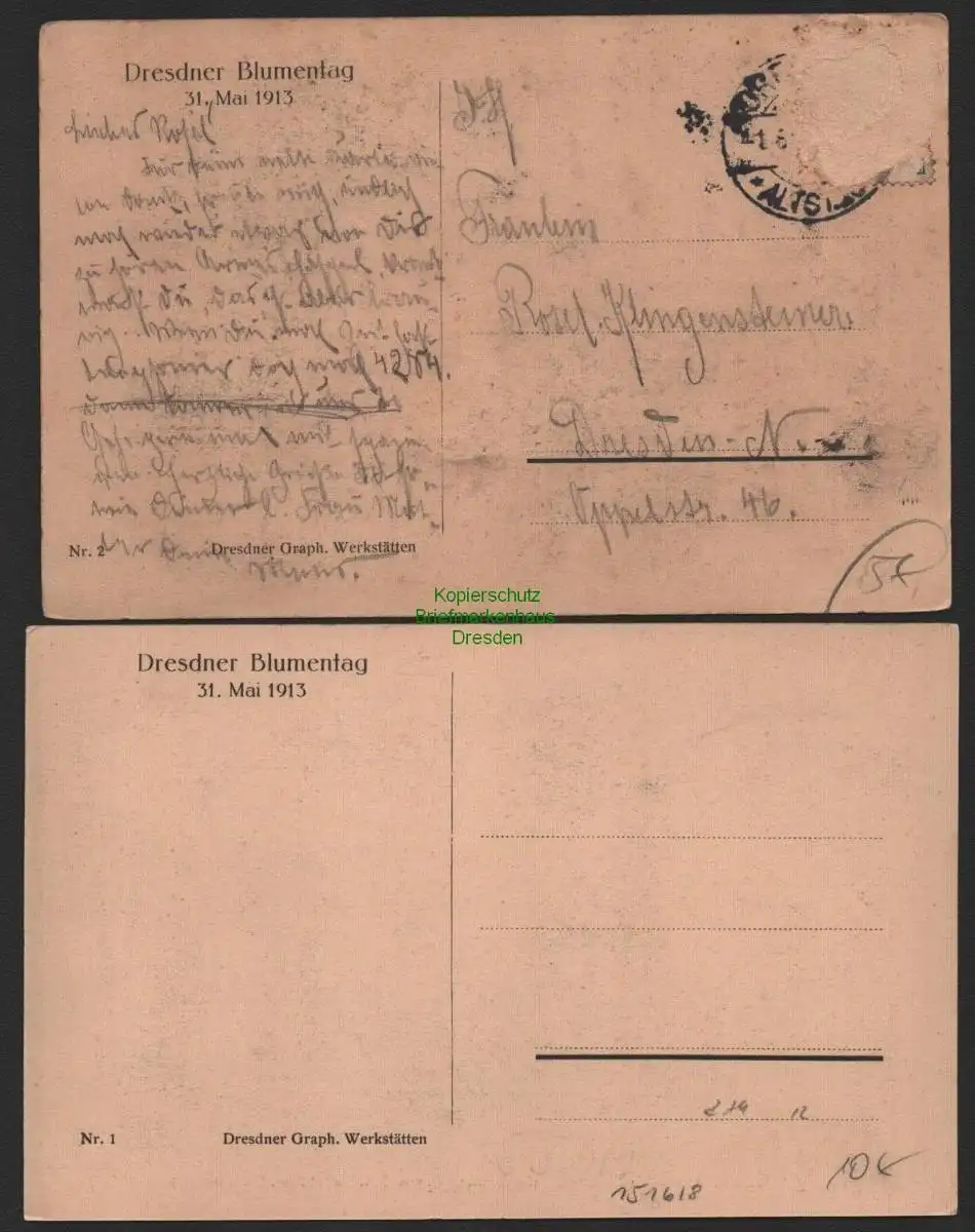 151618 2 AK Dresden Dresdner Blumentag 1913 Künstlerkarte Graph. Werkstätten Nr.