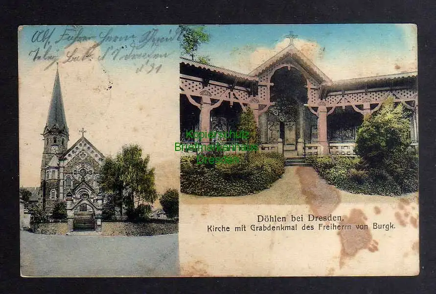 132317 AK Döhlen bei Dresden Kirche Gabdenkmal des Freiherrn von Burgk 1915