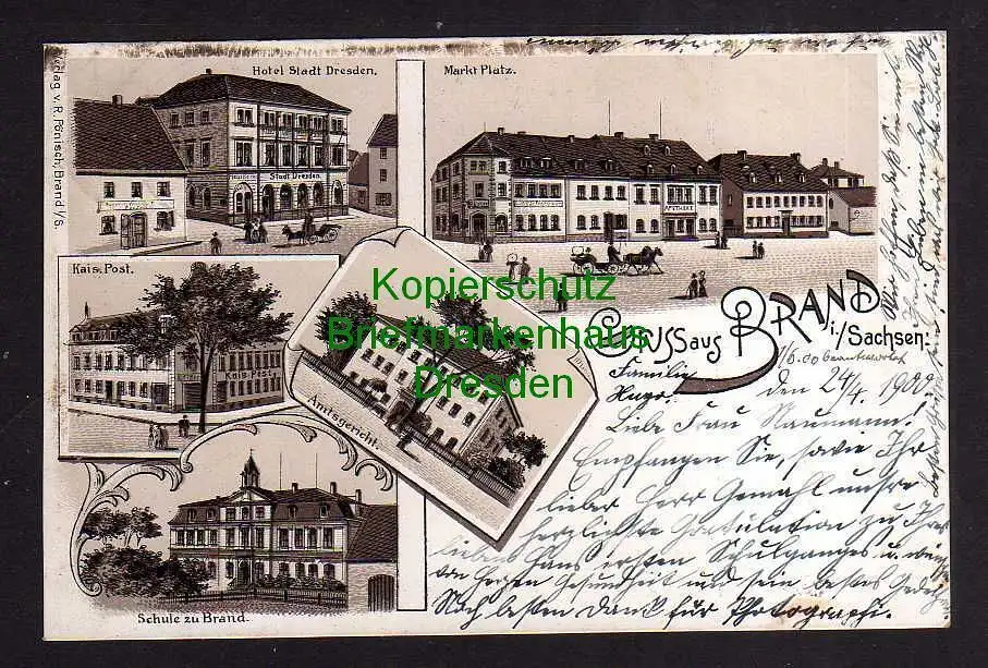 119592 Ansichtskarte Brand Sachsen 1900 Litho Hotel Stadt Dresden Markt Apotheke Post Schul