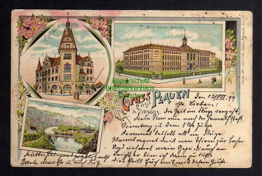 123085 Ansichtskarte Dresden Plauen 1899 Litho Rathaus Lehrer Seminar Eingang