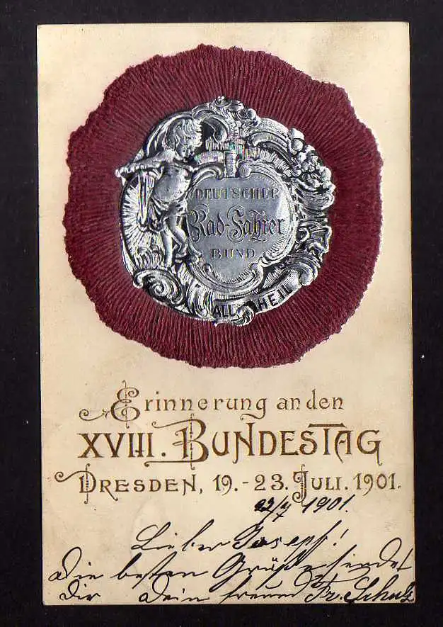 127257 Ansichtskarte Dresden 1901 XVIII. Bundestag Deutscher Rad Fahrer Bund All Heil sehr