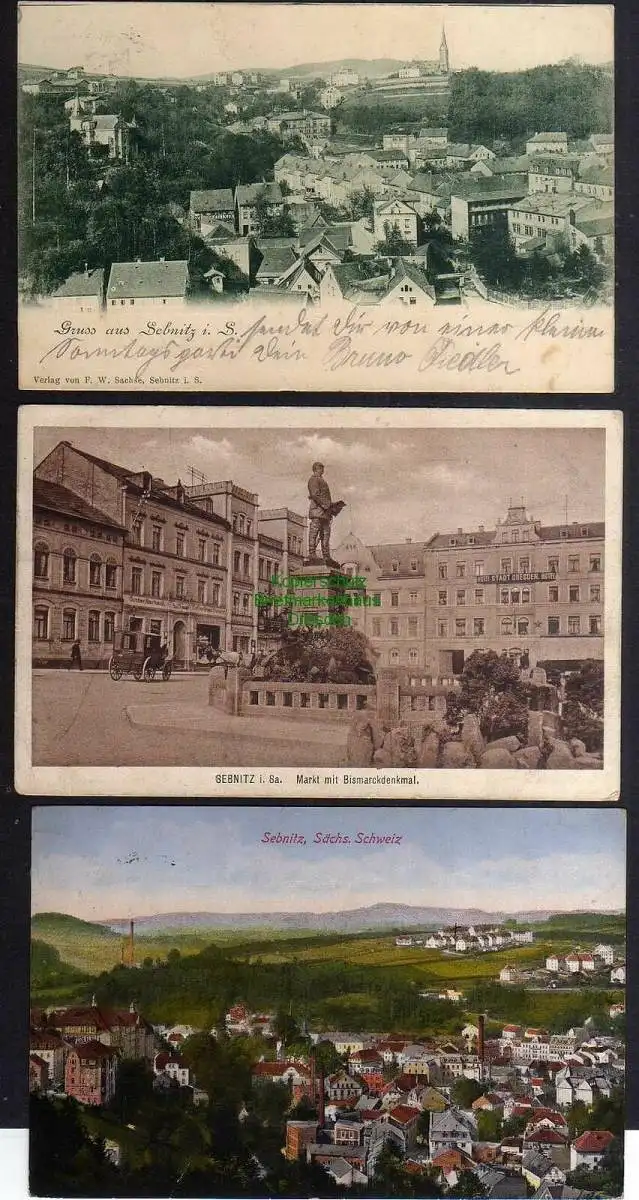 124949 3 Ansichtskarte Sebnitz 1901 Markt Bismarckdenkmal Hotel Stadt Dresden 1917
