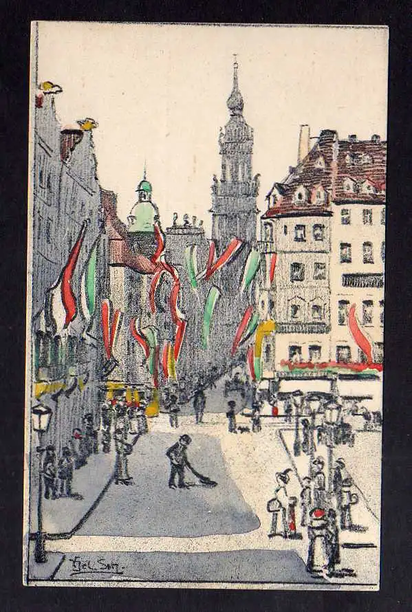 121161 Ansichtskarte Dresden Künstlerkarte Del Son um 1925 Fest Fahnen