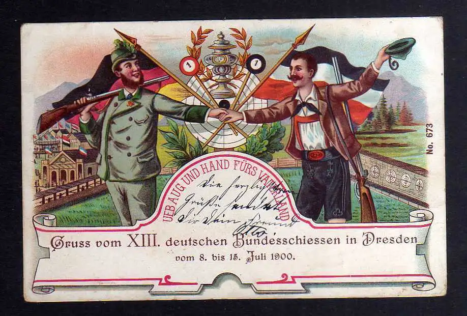 127286 Ansichtskarte Dresden Deutsches Bundesschiessen 1900 Litho Schützen vor Zielscheibe