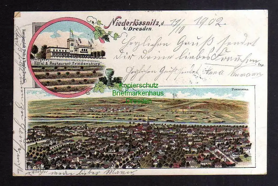 127785 Ansichtskarte Niederlössnitz b. Dresden 1902 Litho Hotel & Restaurant Friedensburg