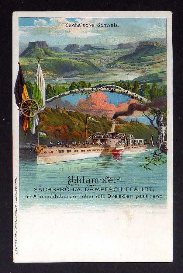 127263 Ansichtskarte Litho Sächsische Schweiz Eildampfer Dresden Albrechtsburgen um 1900
