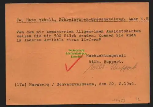 B10459 Postkarte BAZ Gebühr bezahlt 1946 Hornberg Schwarzwaldbahn nach Lahr